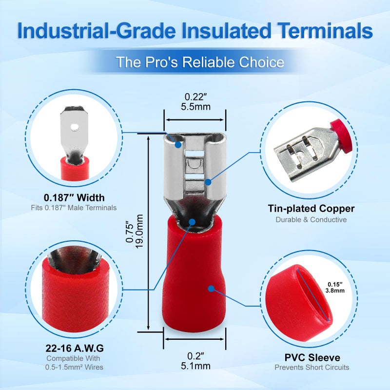 Baomain 0.187" Female Quick Disconnect Spade Terminals,Insulated Crimp Connectors 22-16 AWG 4.8mm (3/16 inch),Red, (100-Pack) - Image 2
